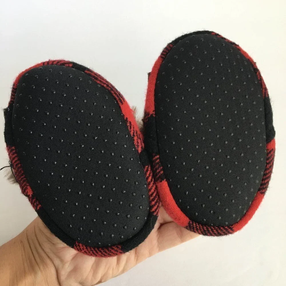 Dearfoams Christmas Baby Bear Red Black Buffalo Plaid Slippers - Size 6-9 Months